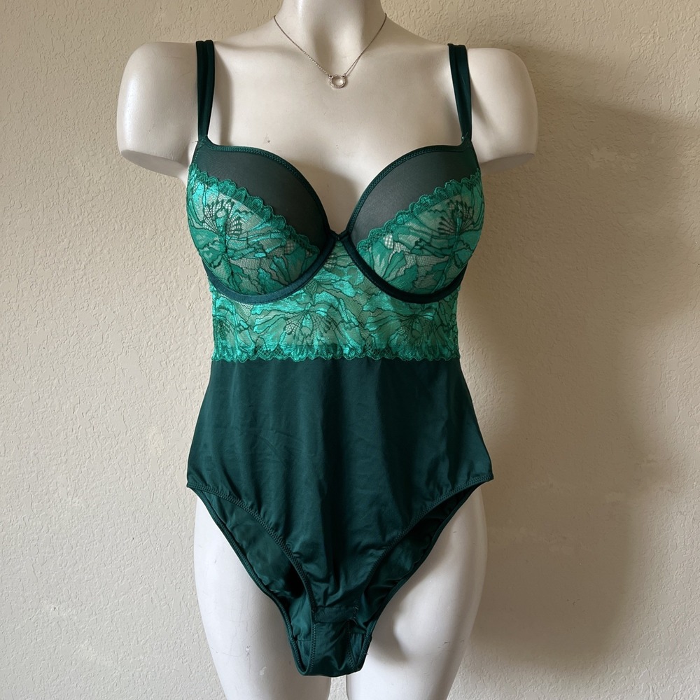 Auden Bodysuit Womens Medium Green Floral Lace Underwire Adjustable Straps